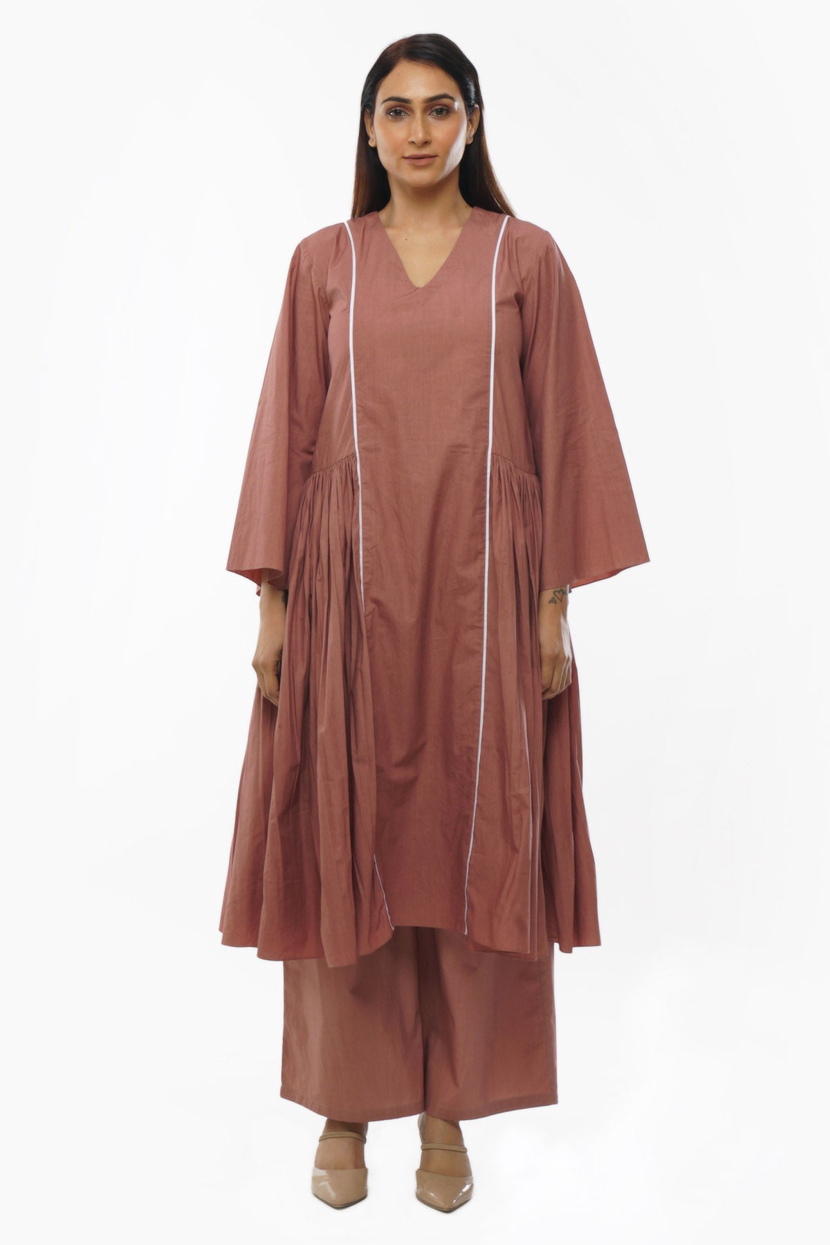 Light Pink V-Neck Long Kurta Set