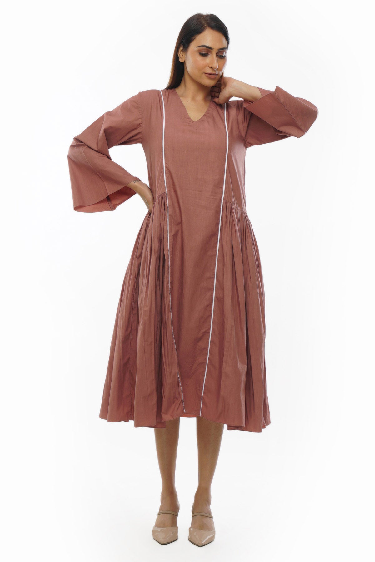 Buy Designer Light Pink V-Neck Midi Dress Online