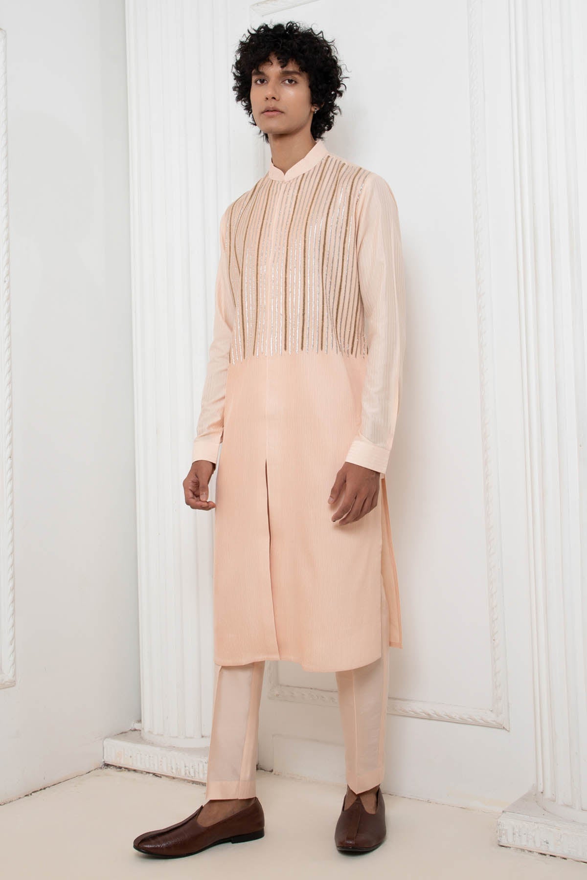 Darshika Menswear Light Pink Zardosi Kurta Set for men online at ScrollnShops