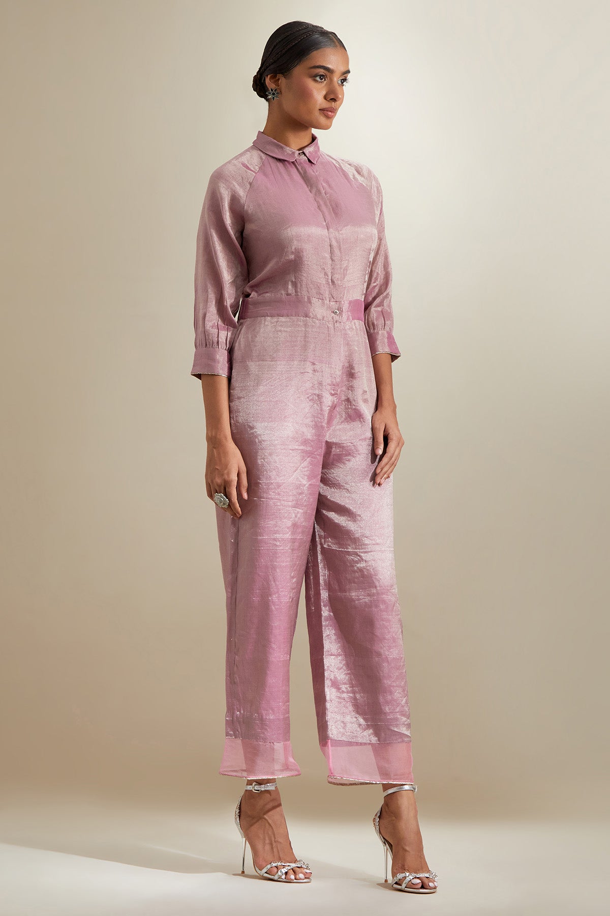 Light Pink Zari Katan Jumpsuit