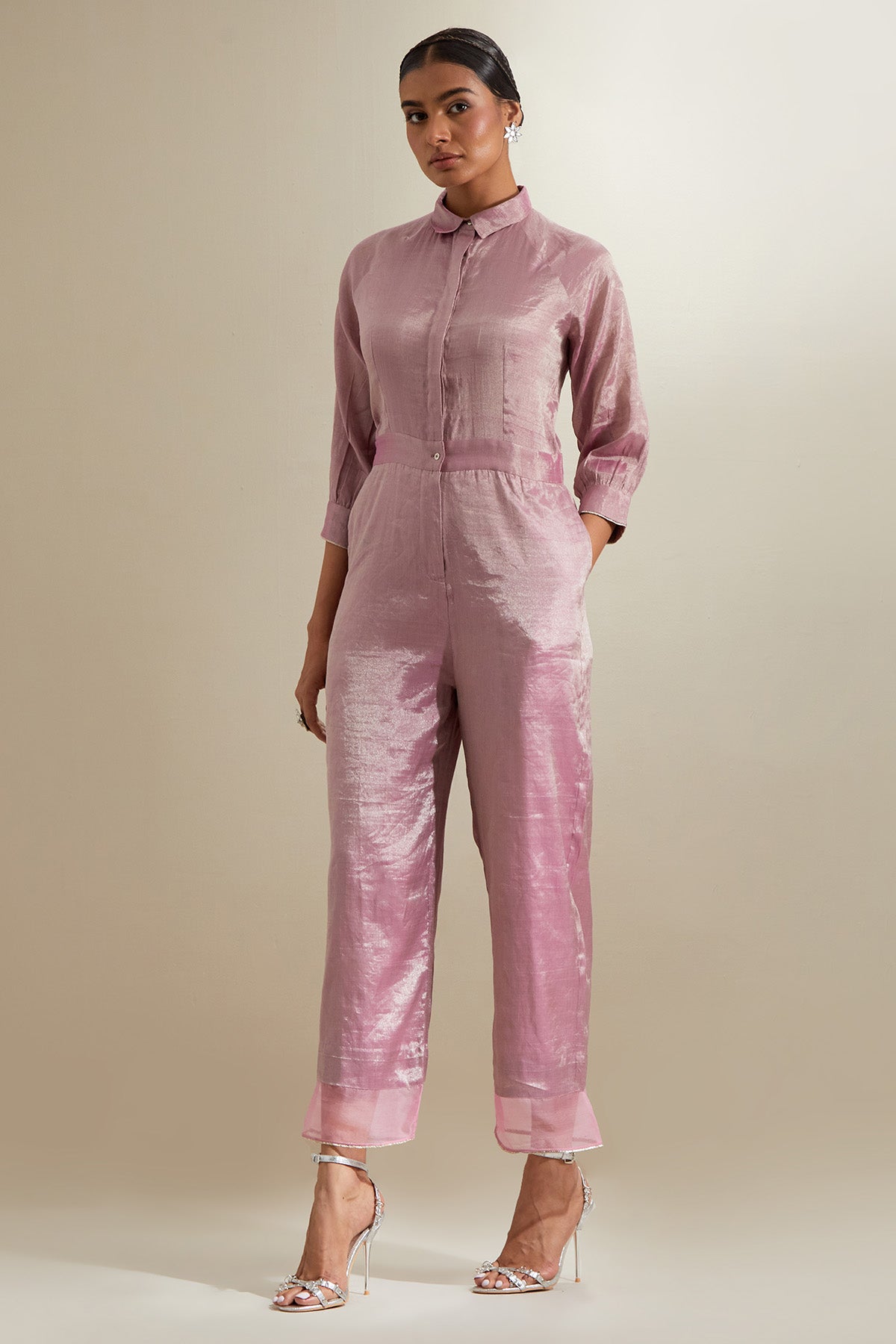 Light Pink Zari Katan Jumpsuit