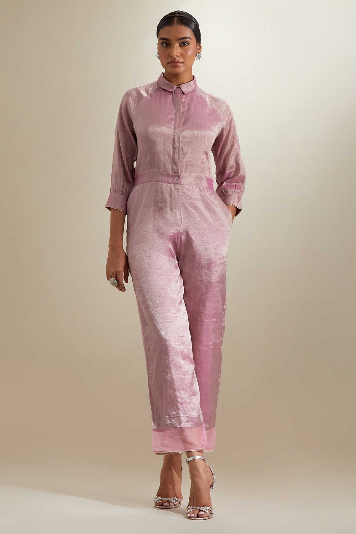 Buy Light Pink Zari Katan Jumpsuit for women by Vinusto online available at scrollnshops