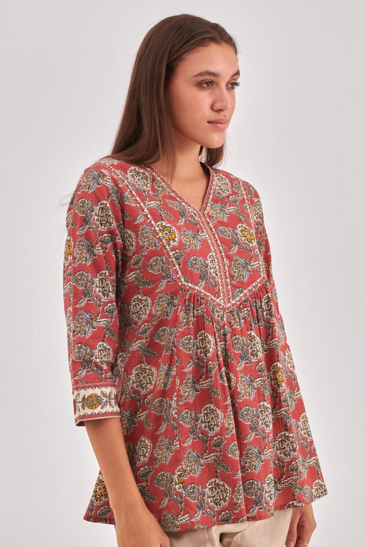 Buy Light Red Floral Adda Work Top for Women by Qomn Designer online available at scrollnshops