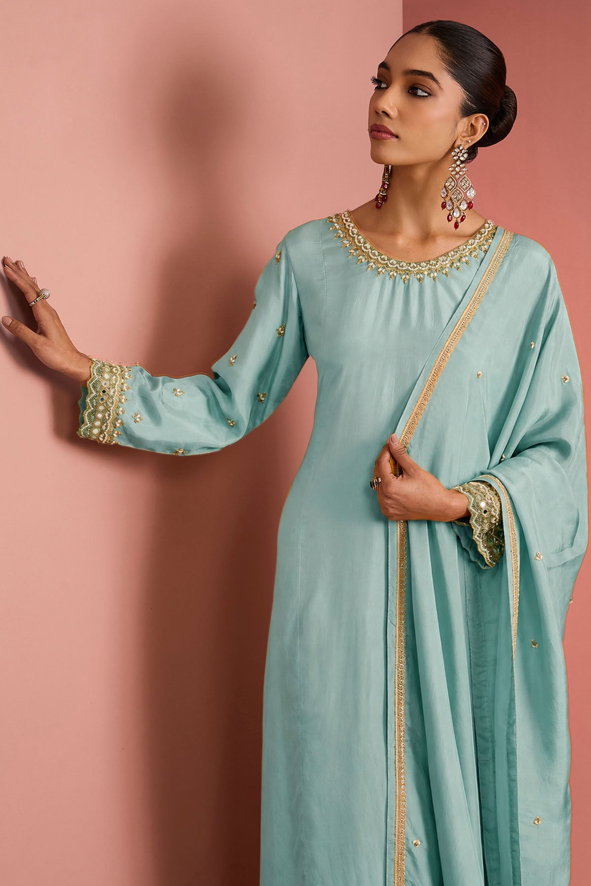 Light Teal Opara Silk Kurta Set