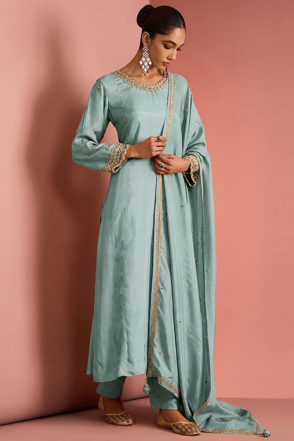 Light Teal Opara Silk Kurta Set
