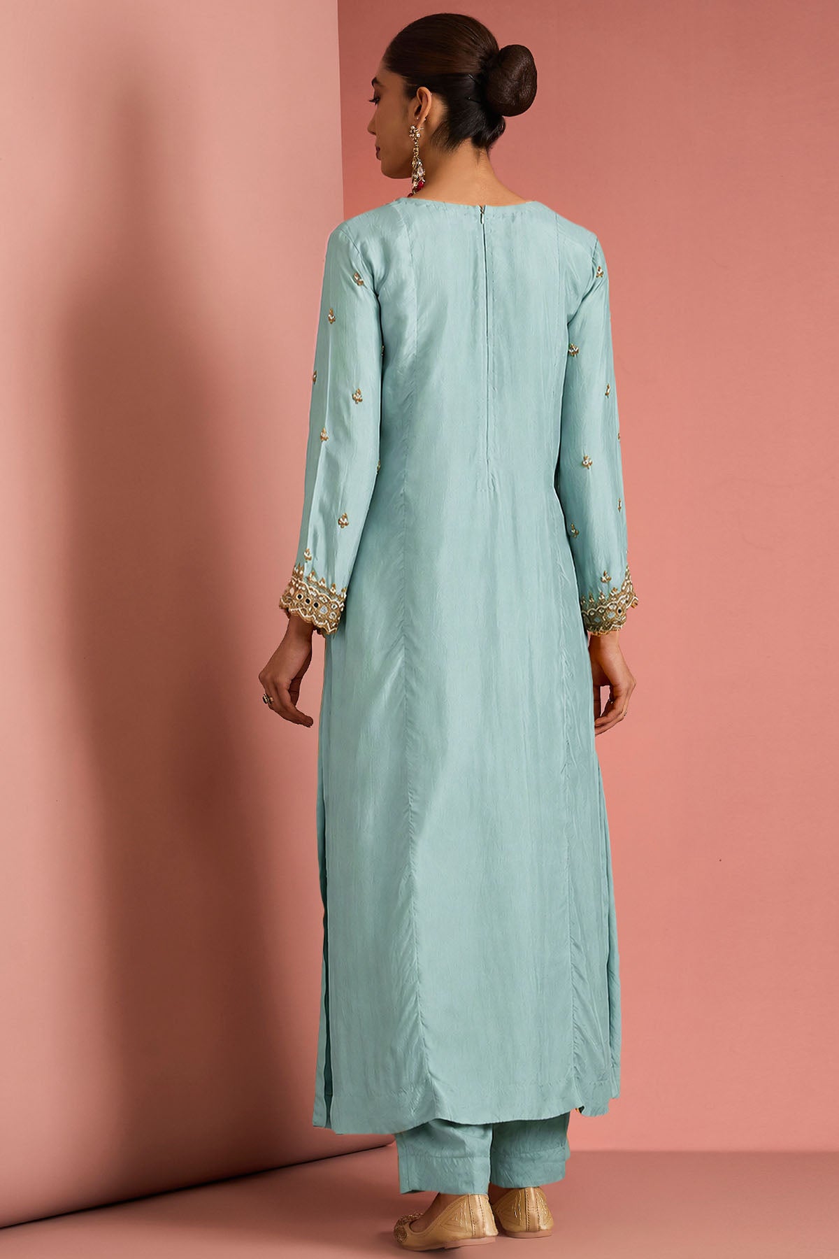 Light Teal Opara Silk Kurta Set