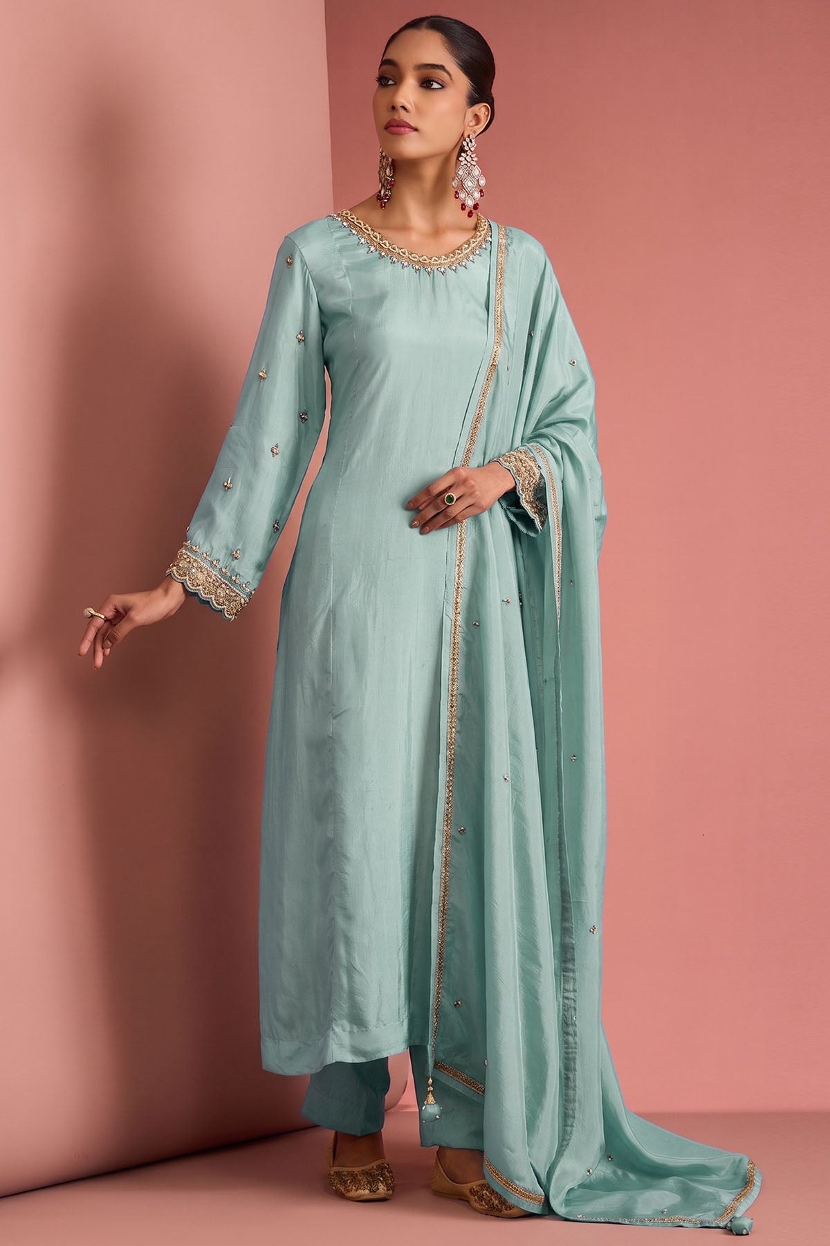 Buy Light Teal Opara Silk Kurta Set for women by Milu Madan online available at scrollnshops