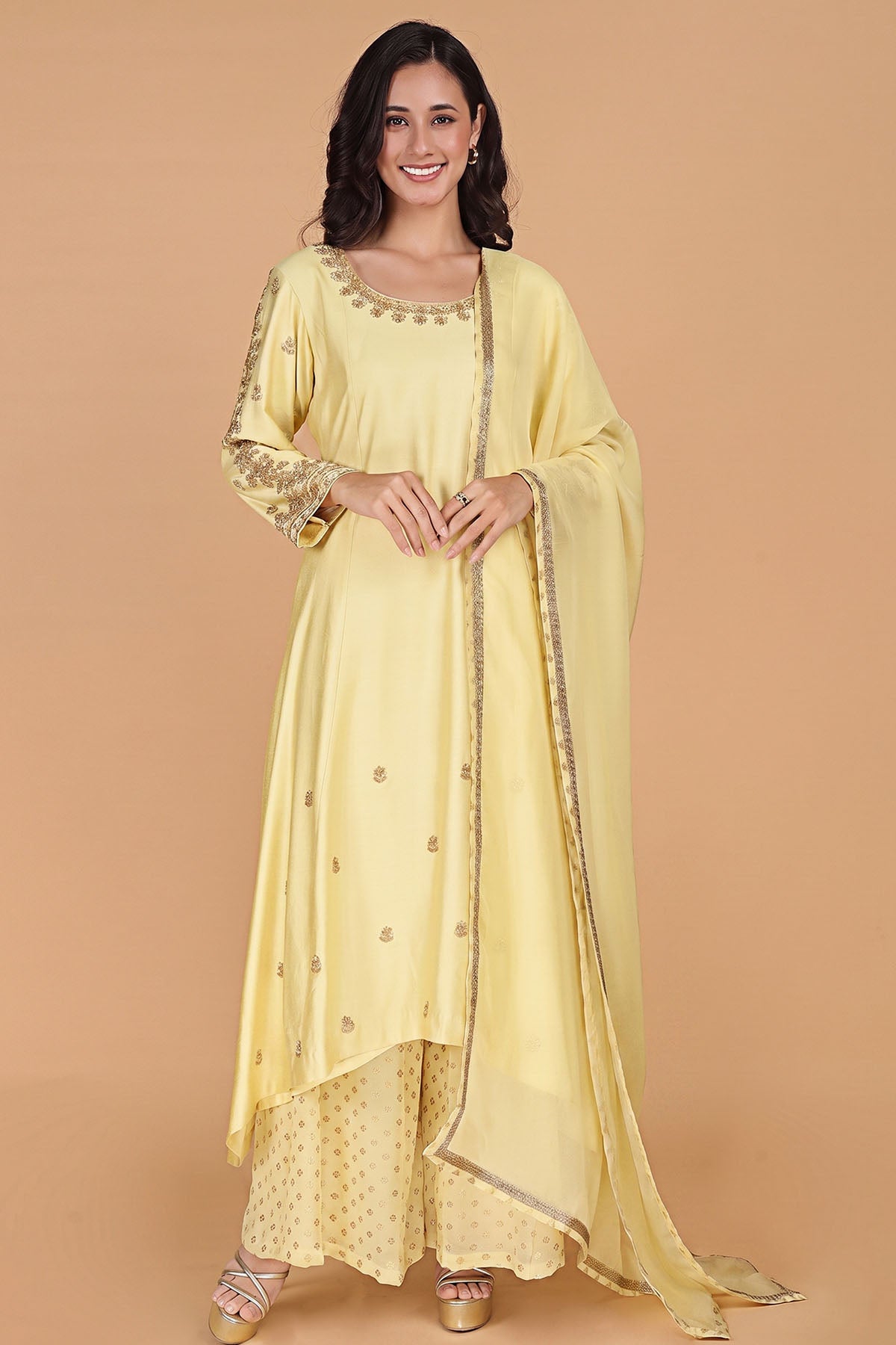 Buy Light Yellow Sequins Kurta Set for women by Milu Madan online available at scrollnshops