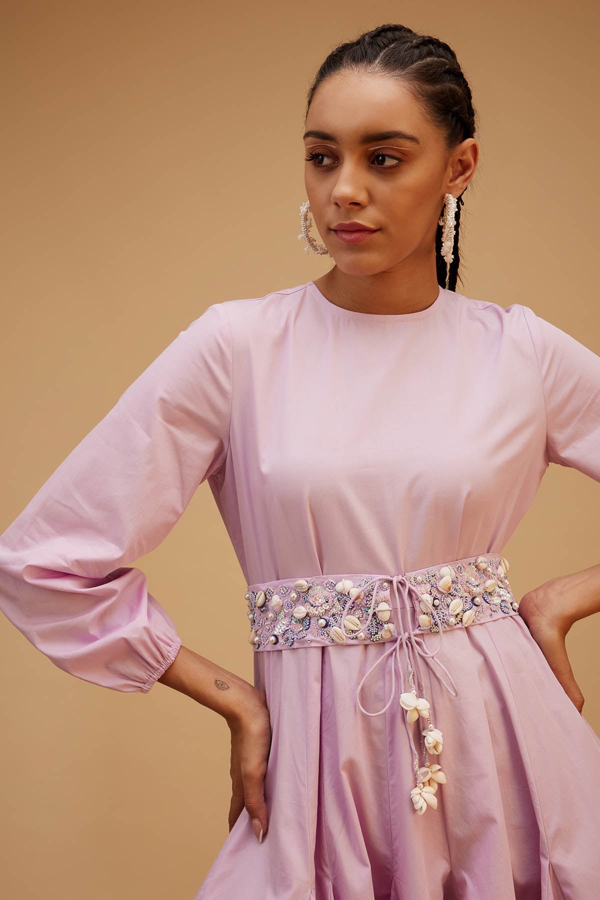 Lilac Cotton Belted Mini Dress