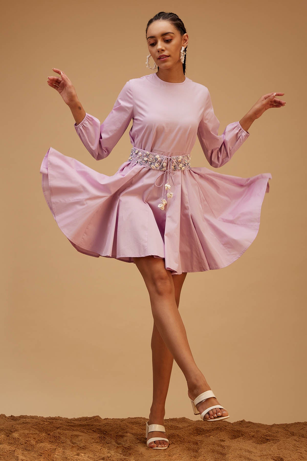 Lilac Cotton Belted Mini Dress