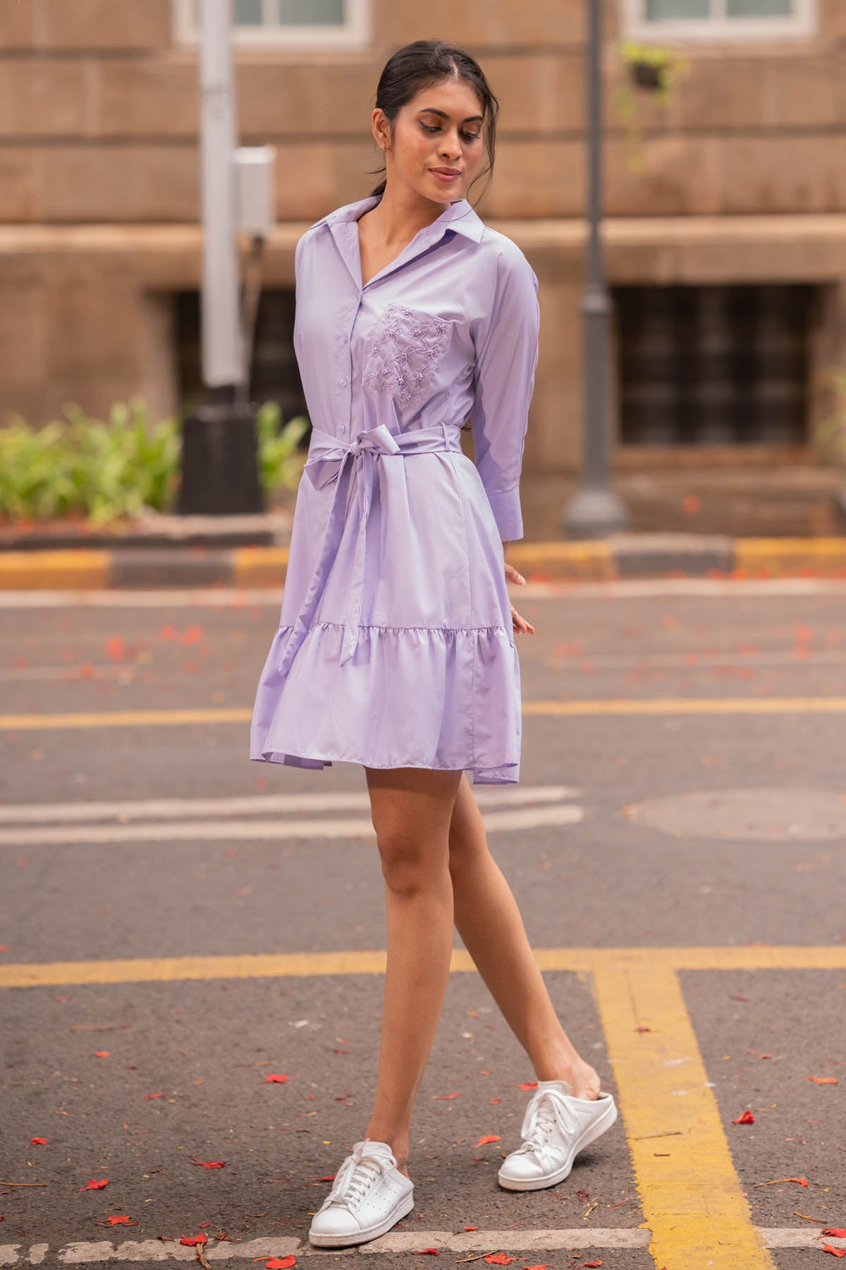 Lilac Embroidered Pocket Shirt Dress