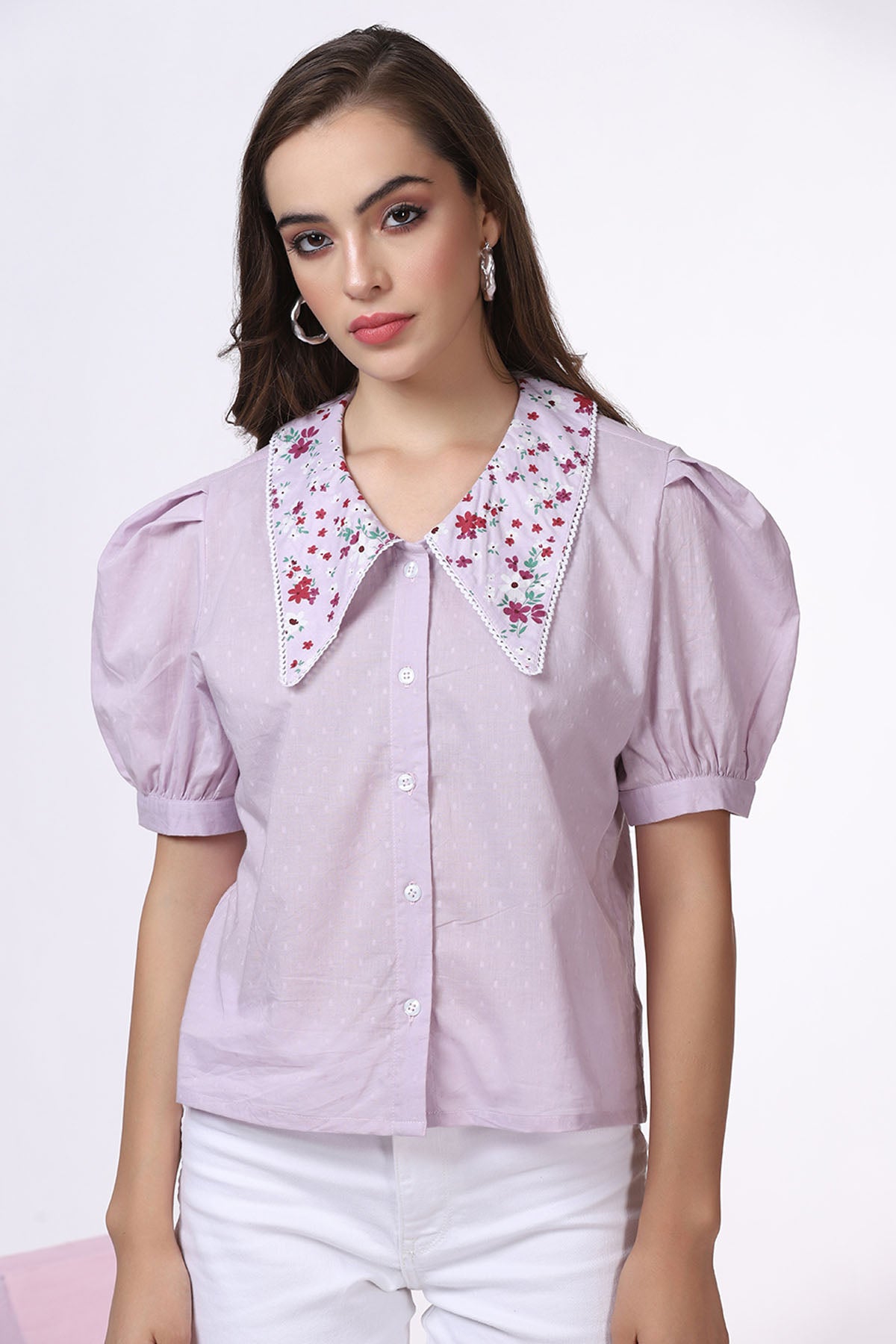 Lilac Puff Sleeves Collar Top