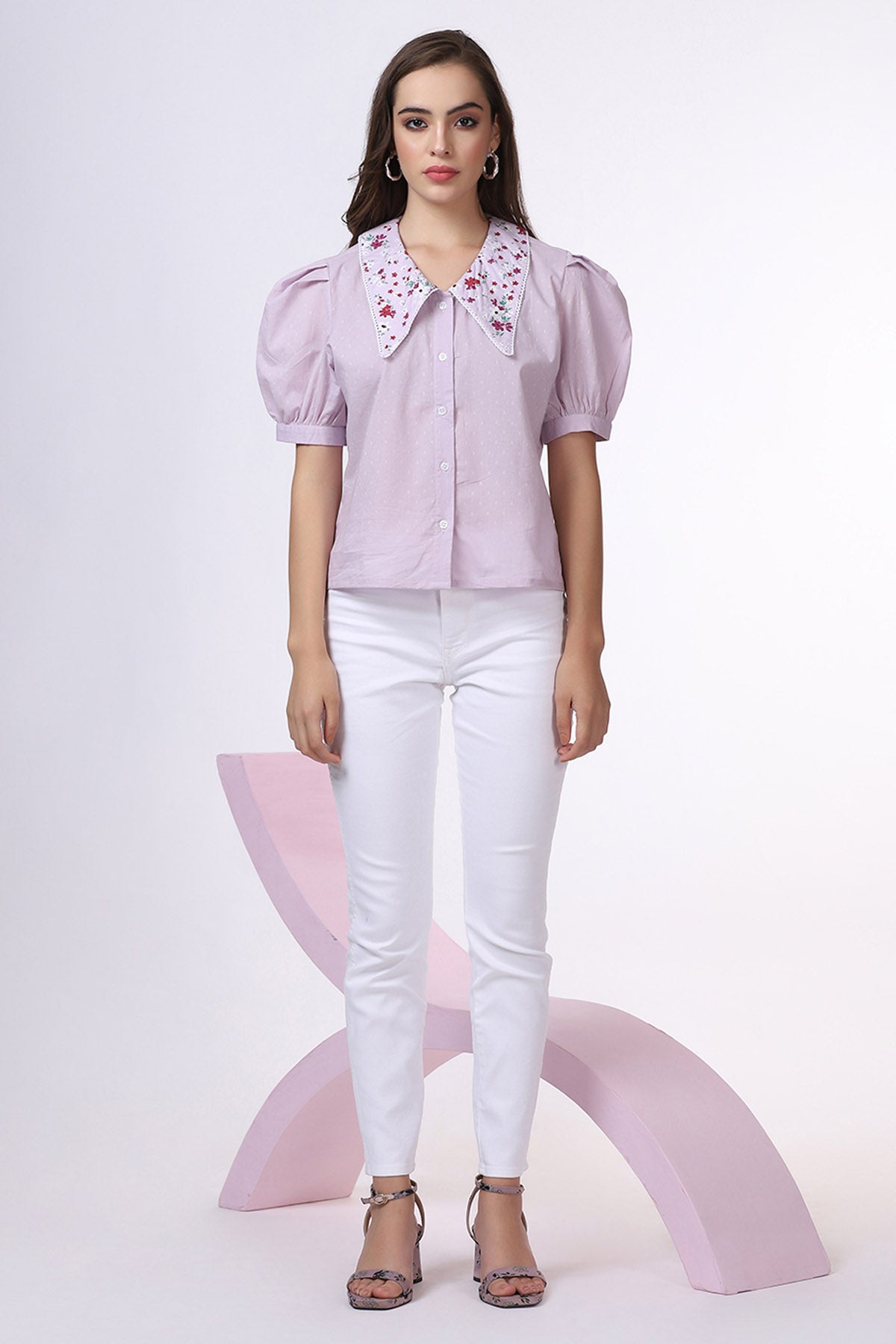 Lilac Puff Sleeves Collar Top