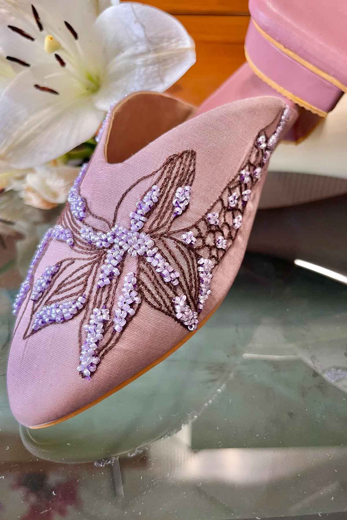 Lilac Hand Embroidered Mules