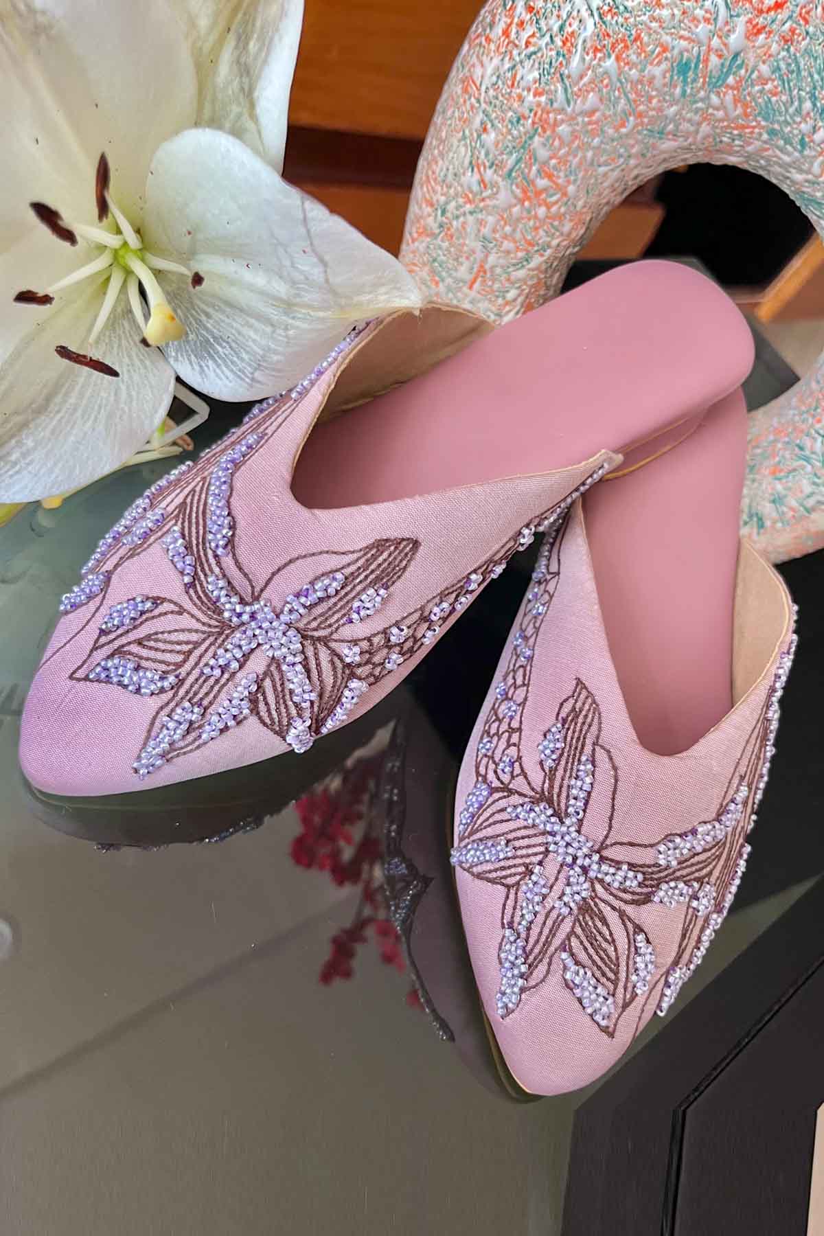 Lilac Hand Embroidered Mules