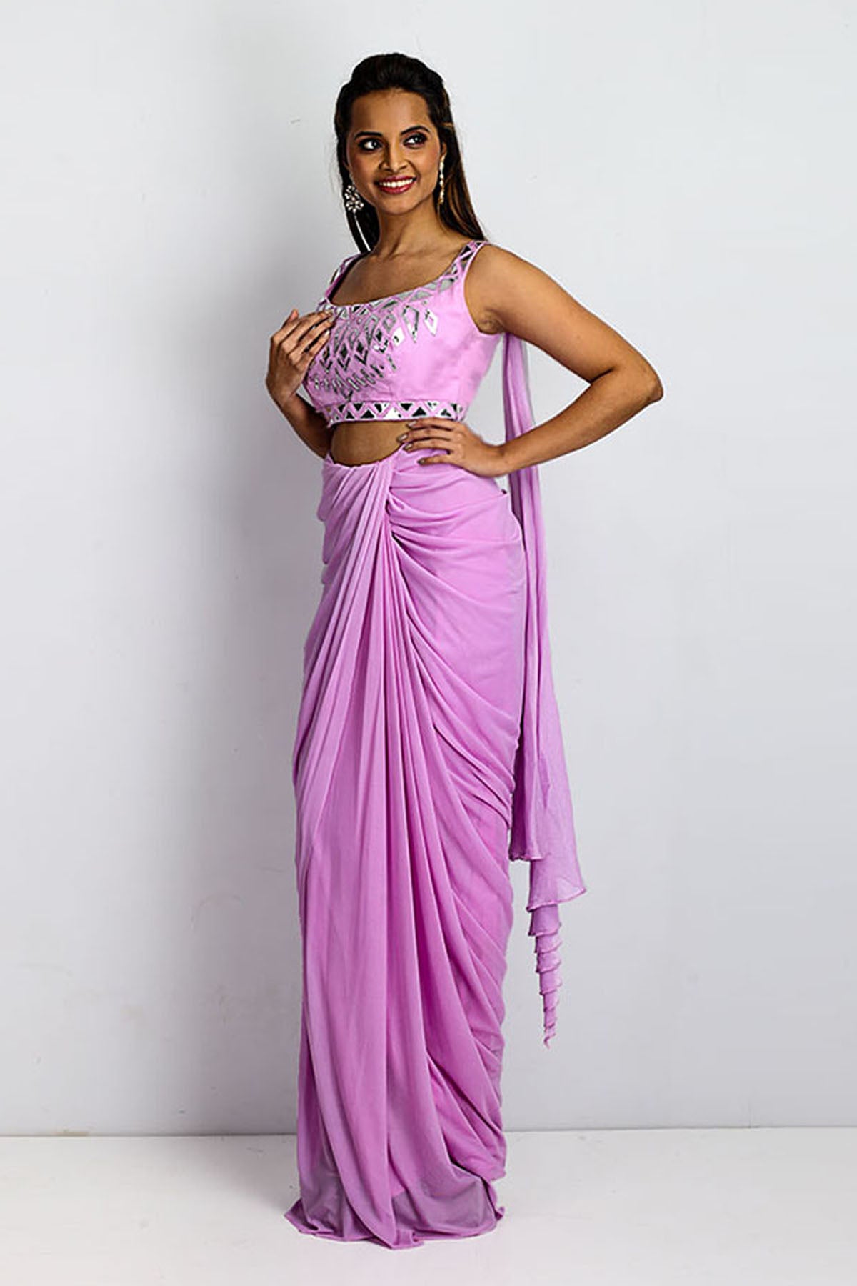 Lilac Net Drape Saree Set