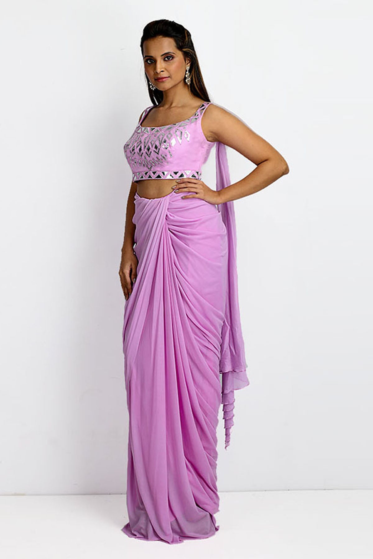 Lilac Net Drape Saree Set