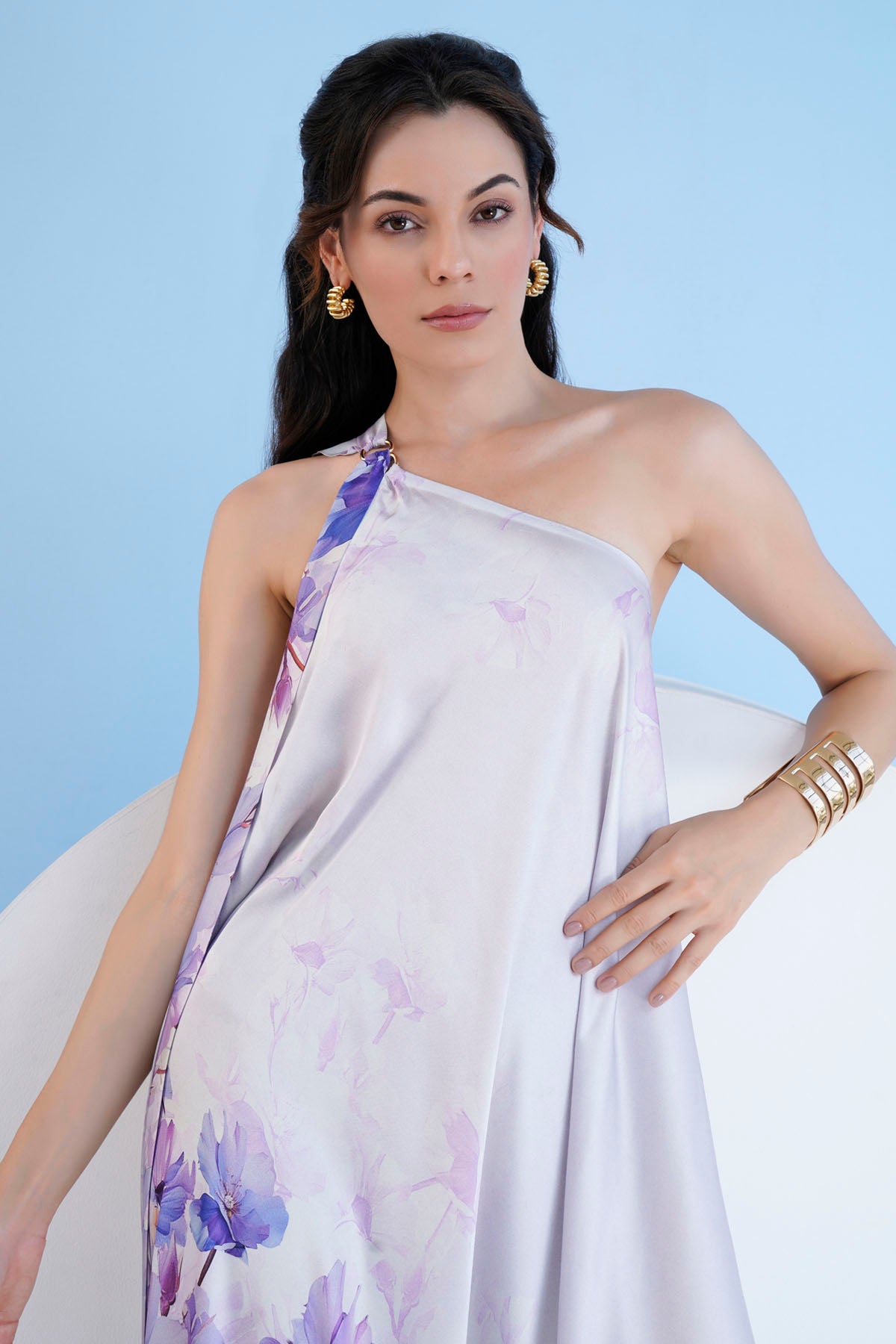 Lilac One Shoulder Print Kaftan