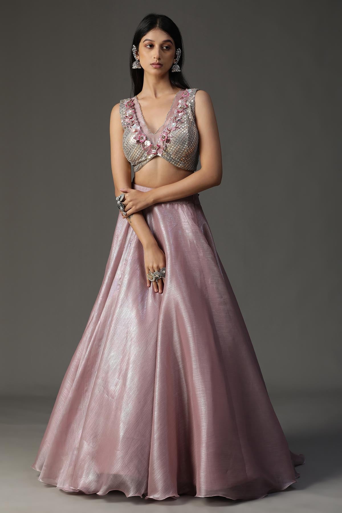 Lilac Organza Embroidered Lehenga Set