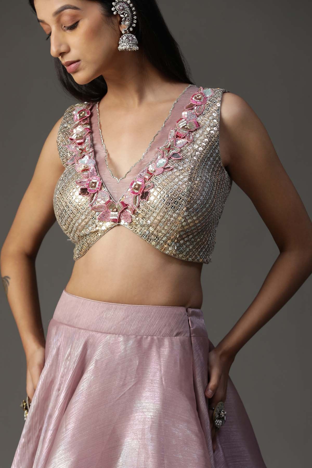 Lilac Organza Embroidered Lehenga Set