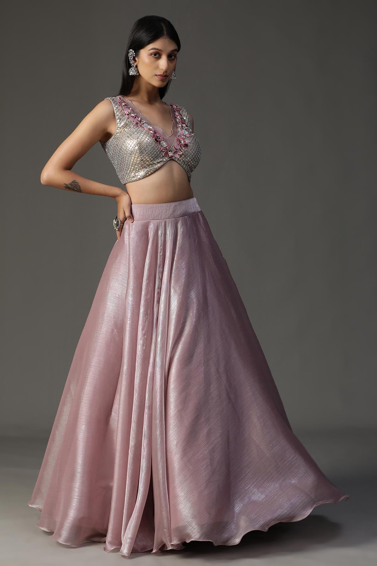 Lilac Organza Embroidered Lehenga Set