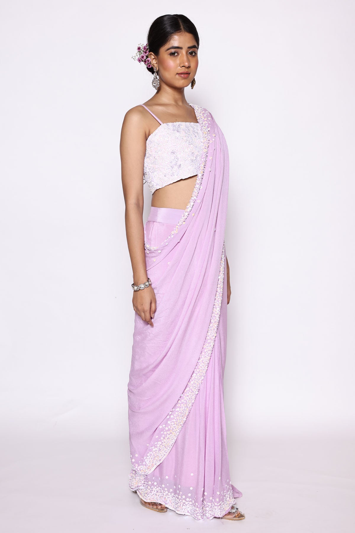 Lilac Sequins Pre Drape Saree Set