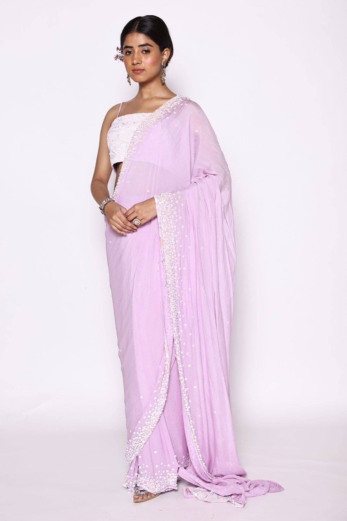 Lilac Sequins Pre Drape Saree Set