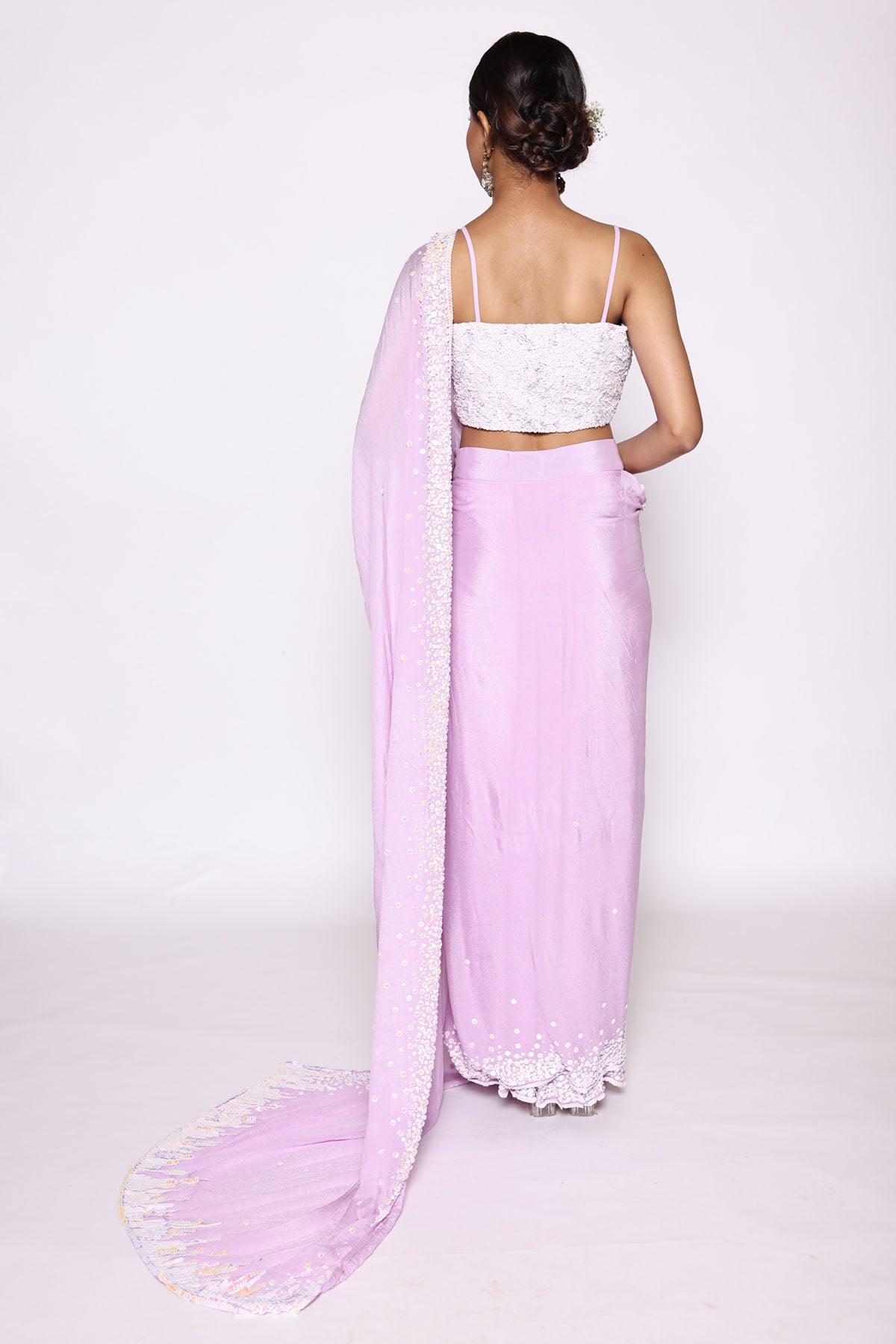 Lilac Sequins Pre Drape Saree Set