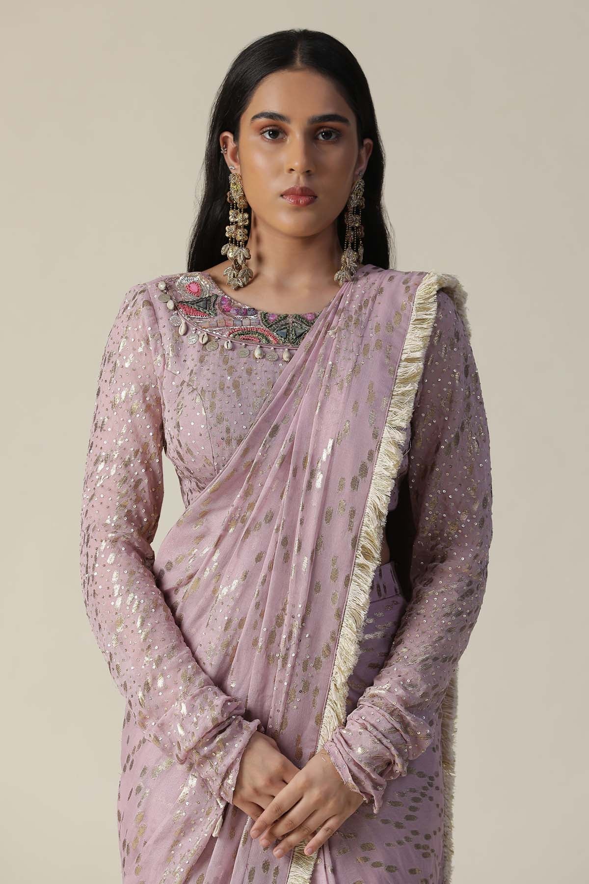 Lilac Sequins Pre Draped Saree Set