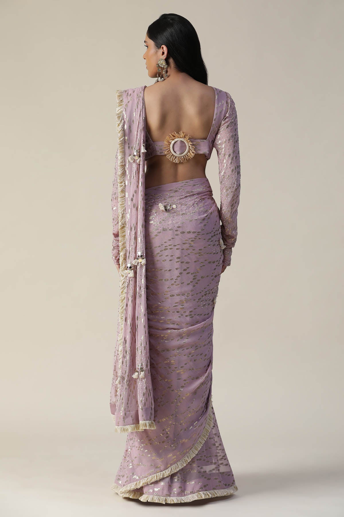 Lilac Sequins Pre Draped Saree Set