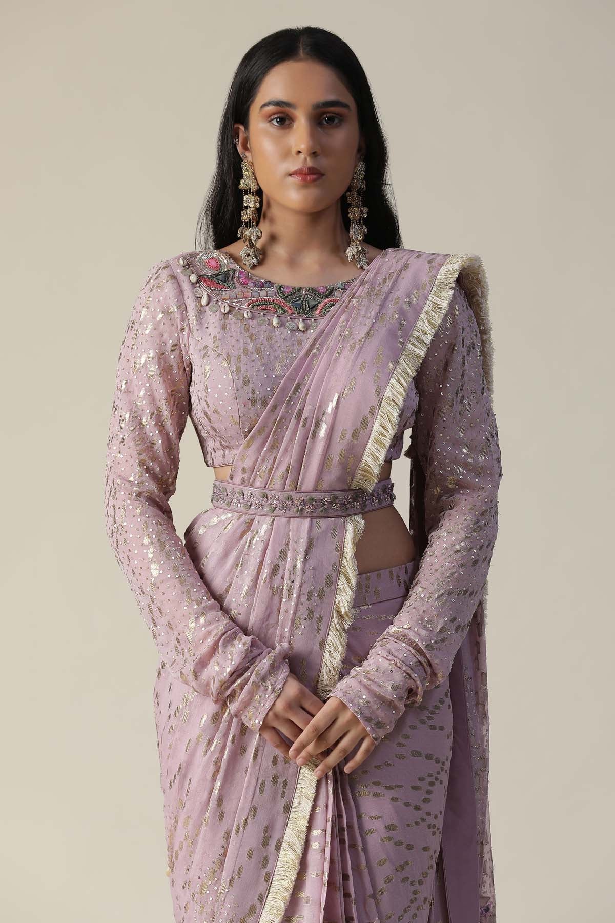 Lilac Sequins Pre Draped Saree Set