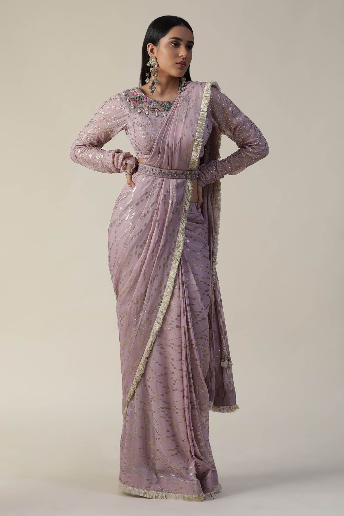 Lilac Sequins Pre Draped Saree Set