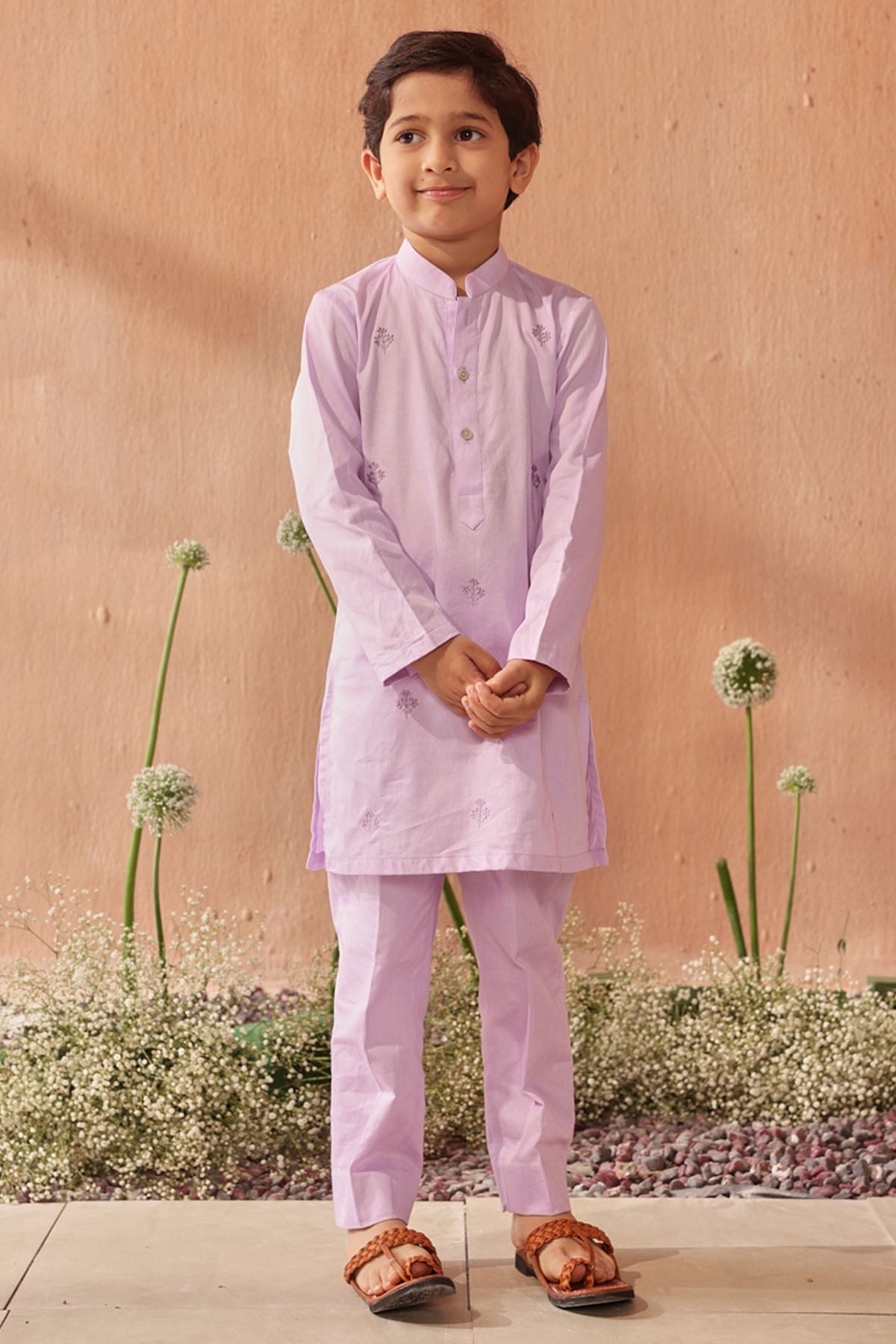 Buy Seema Nanda Lilac Buti Embroidered Kurta Set for kids available online at ScrollnShops