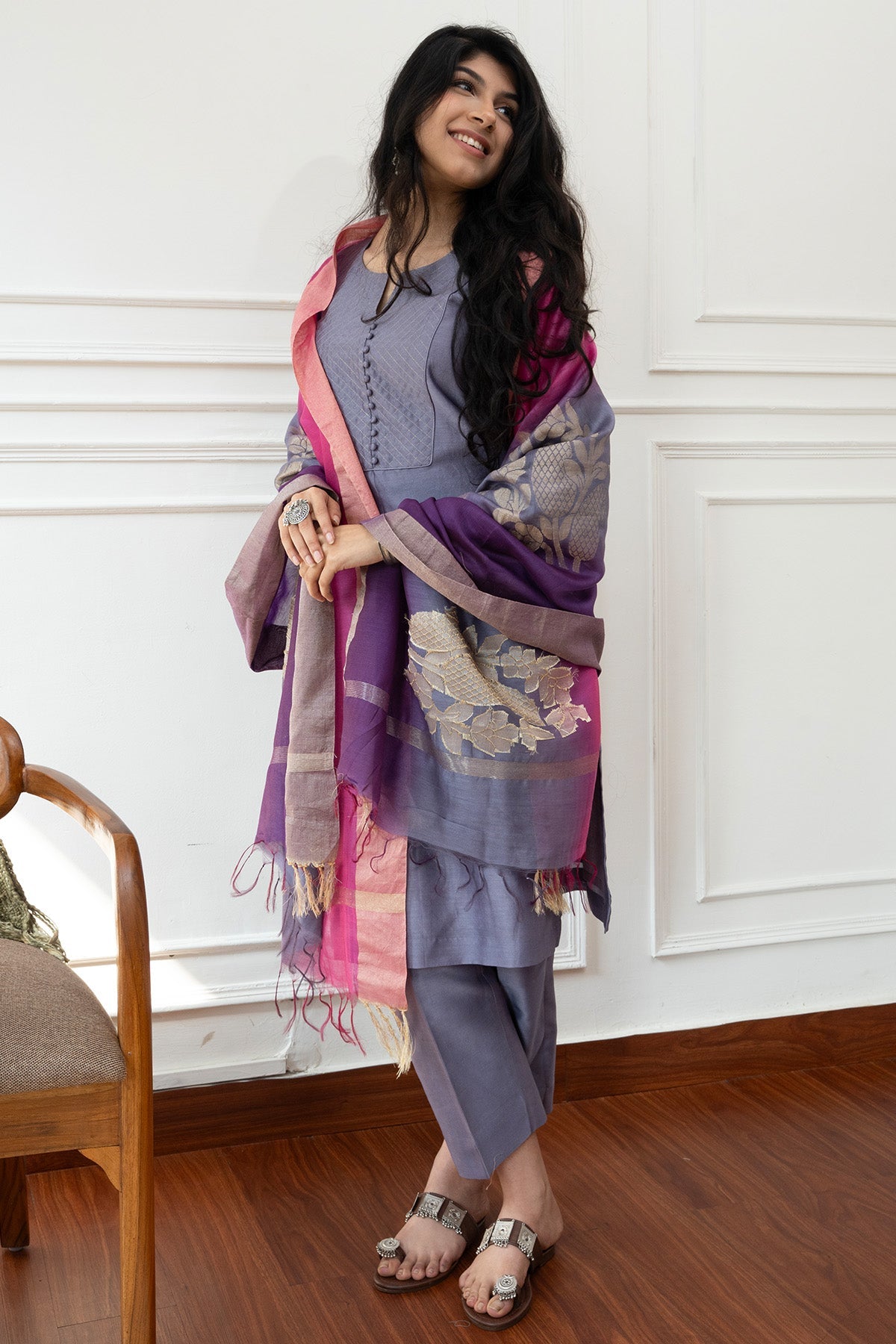 Buy Lilac Cotton Chanderi Kurta Set for women by The Hemming Bird online available at scrollnshops