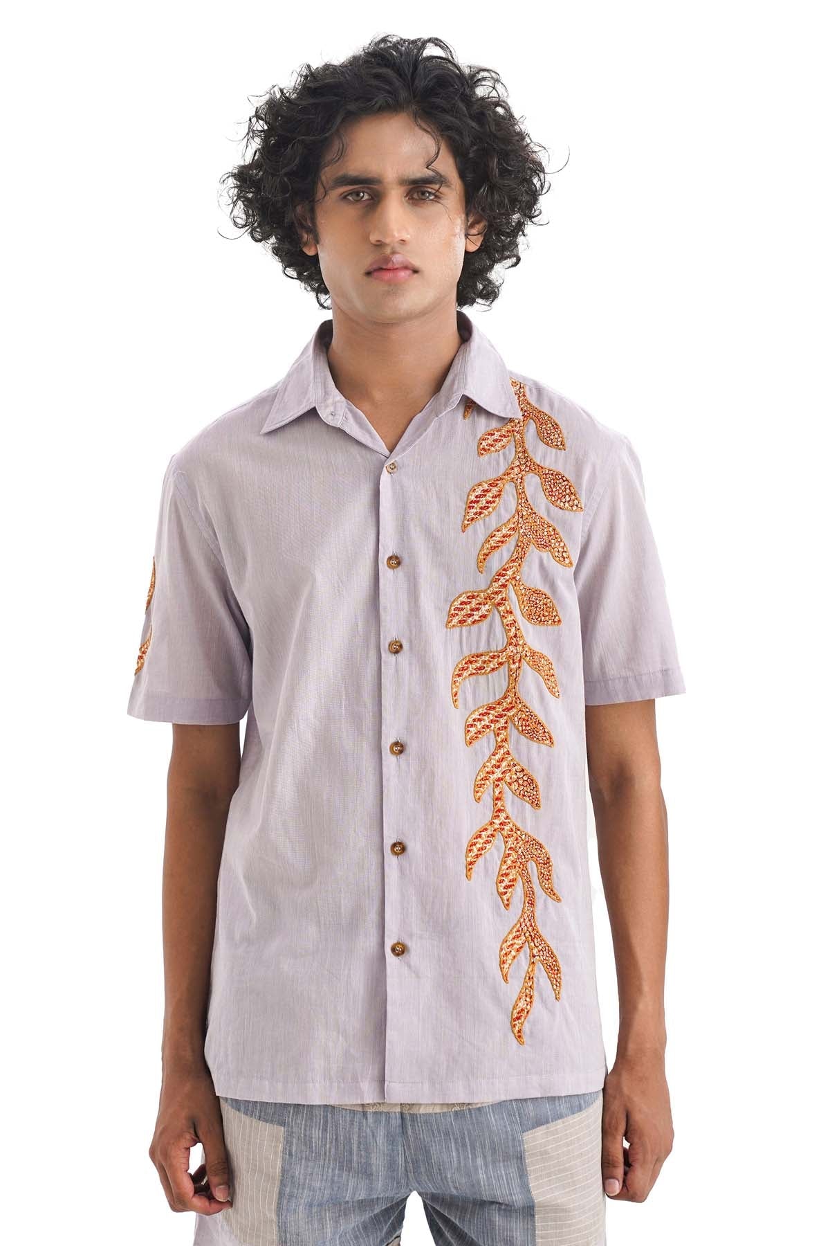 Notre Ame - Men Lilac Cotton Leaf Applique Shirt for men online at ScrollnShops