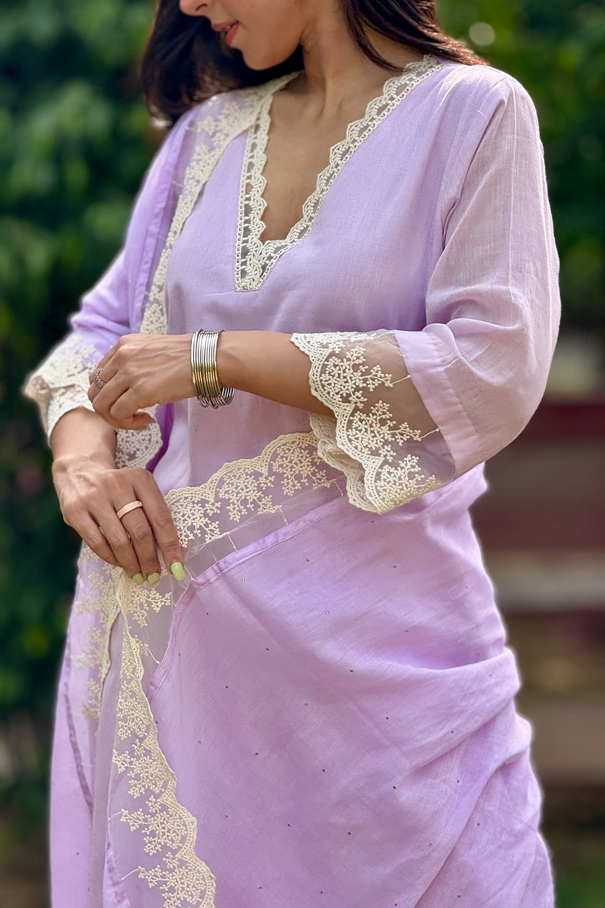 Lilac Cotton Mul Lace Kurta Set