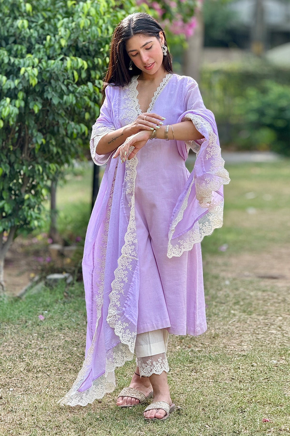Lilac Cotton Mul Lace Kurta Set
