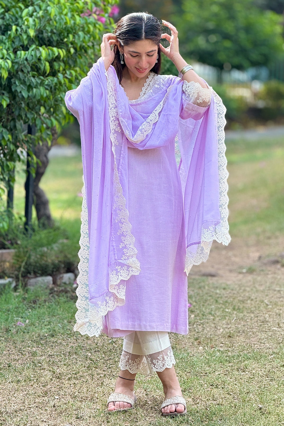 Buy Lilac Cotton Mul Lace Kurta Set by The Hemming Bird for Women online at ScrollnShops