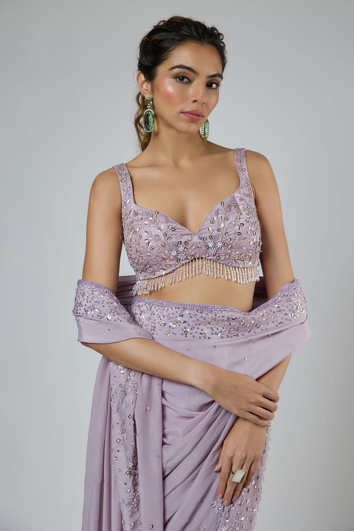 Lilac Crystal Tassel Saree Set