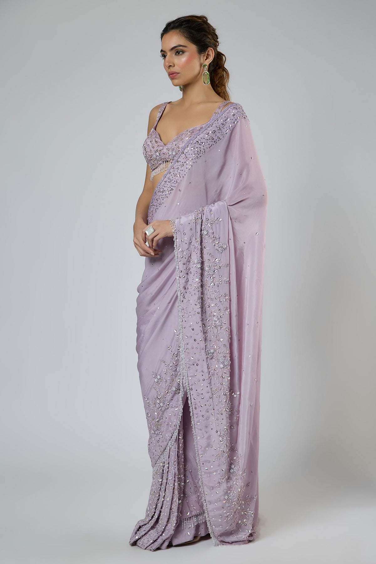 Lilac Crystal Tassel Saree Set