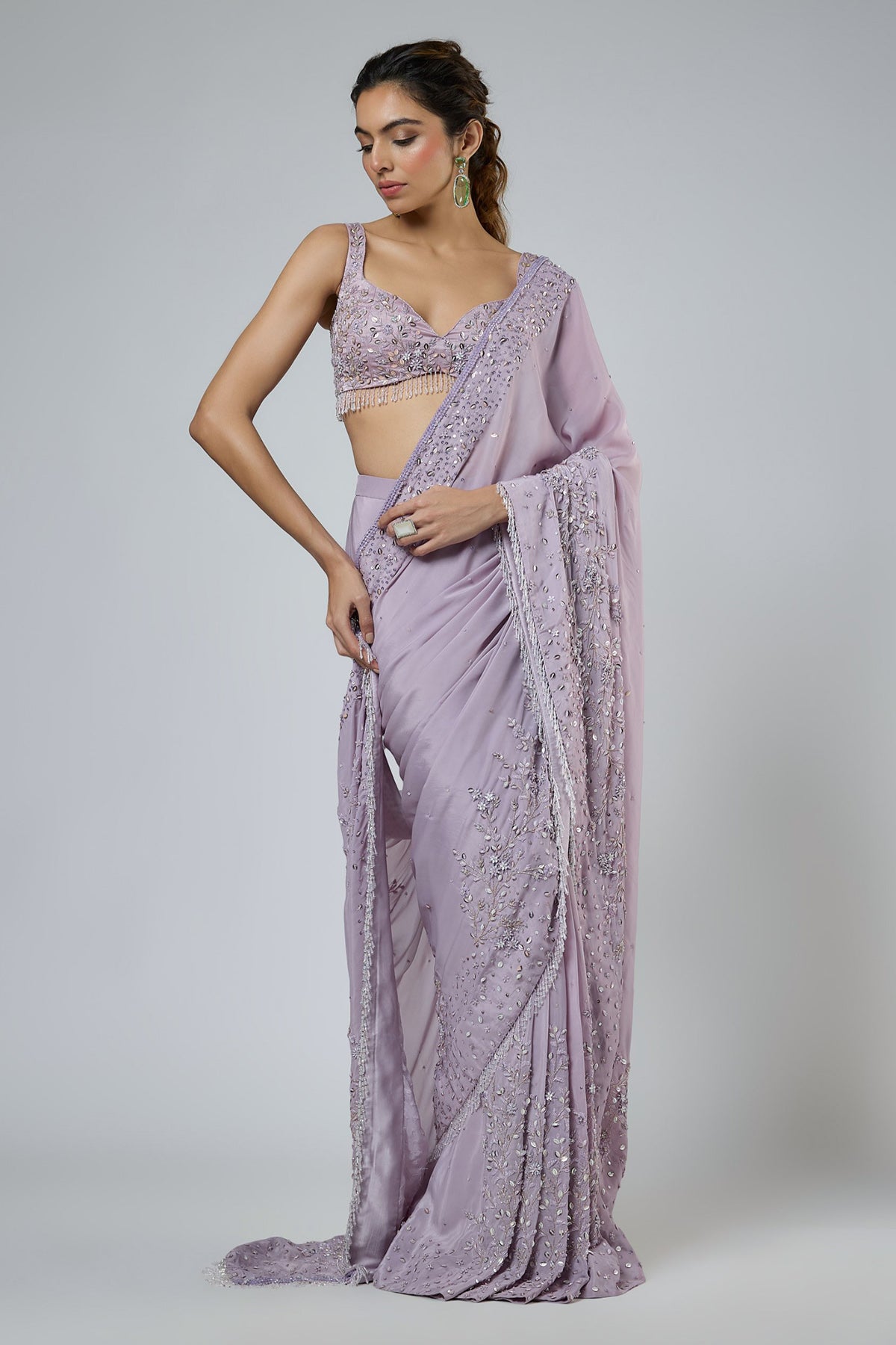 Lilac Crystal Tassel Saree Set