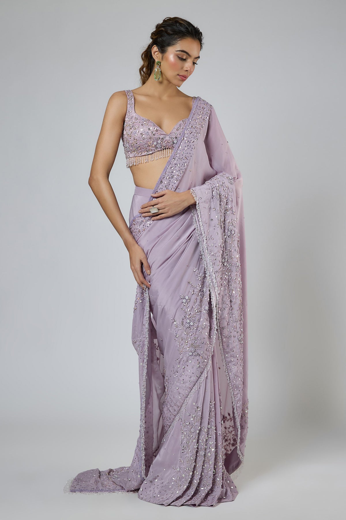 Buy Lilac Crystal Tassel Saree Set for women by Masumi Mewawalla online available at scrollnshops