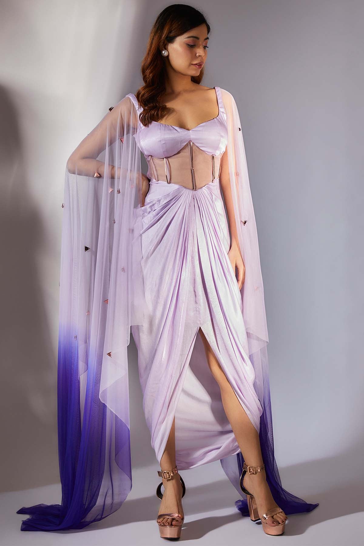 Lilac Embroidered Drape Dress