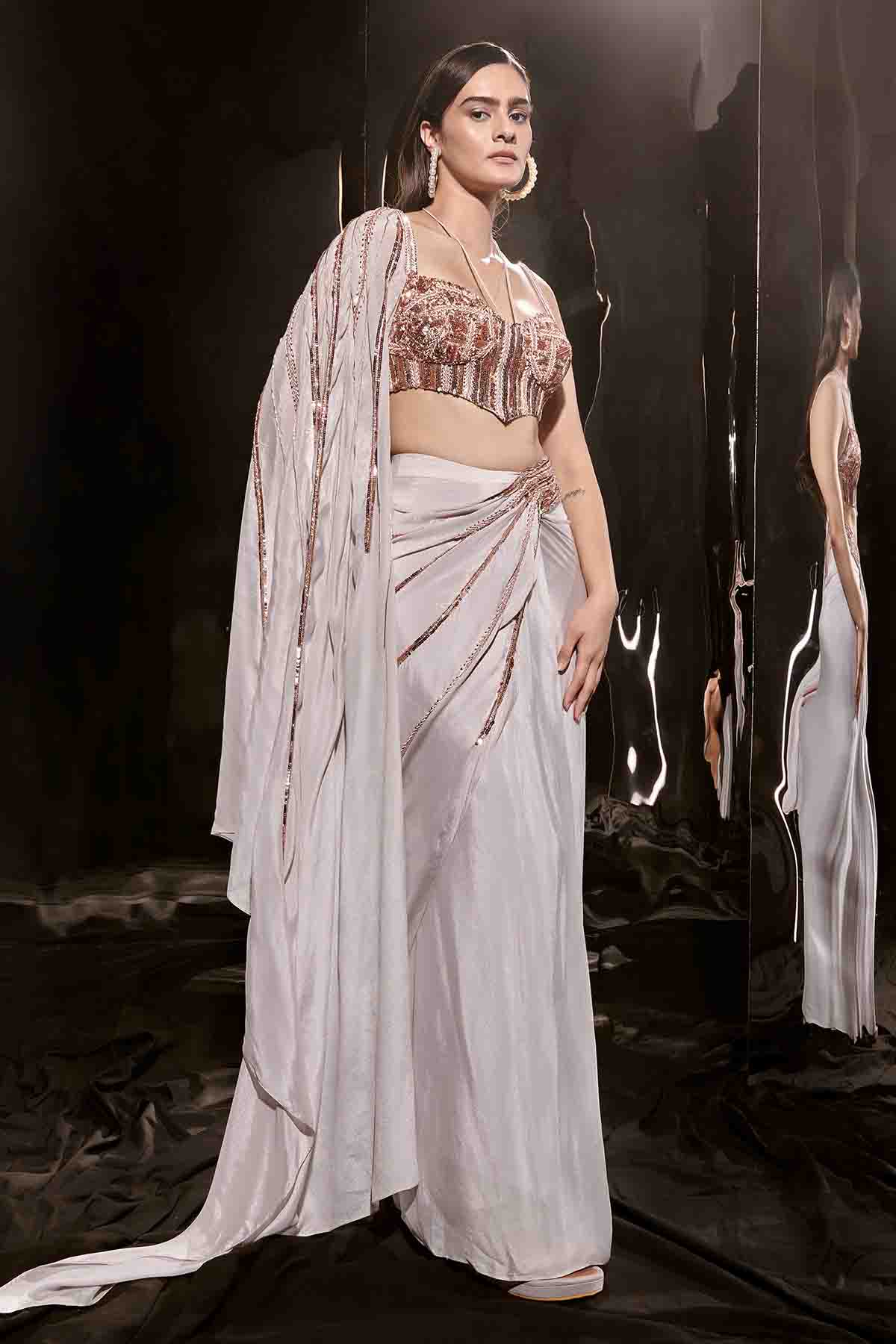 Buy Lilac Embroidered Drape Saree by Masumi Mewawalla for women online at ScrollnShops