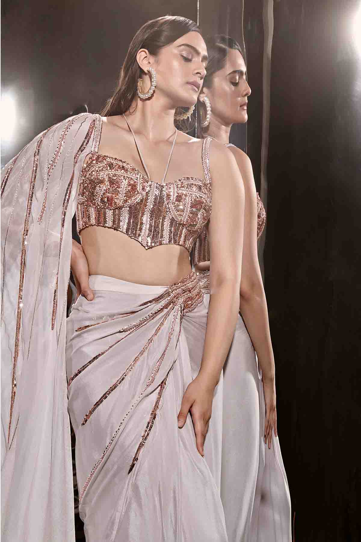 Lilac Embroidered Drape Saree