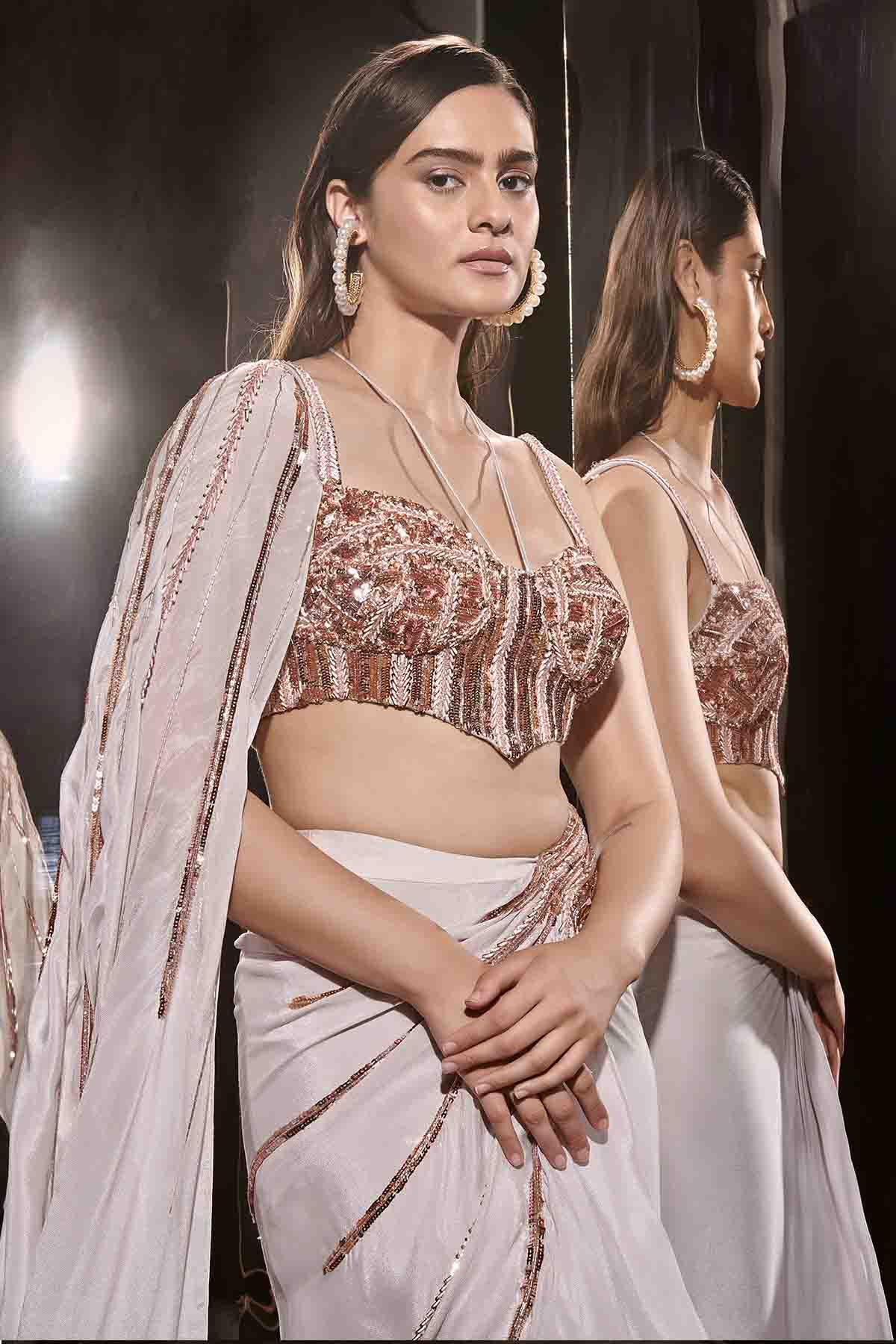 Lilac Embroidered Drape Saree