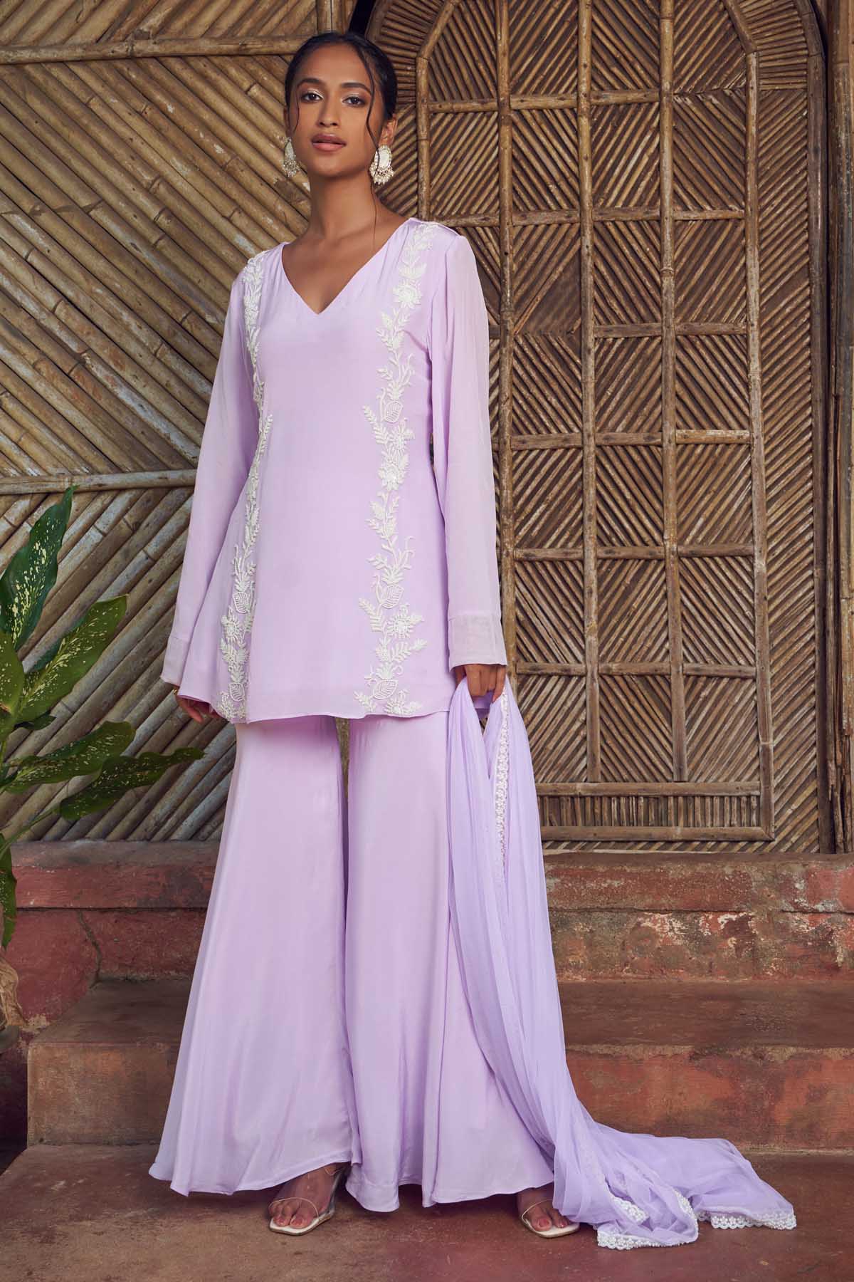 Megha Pitti Lilac Embroidered Sharara Set for women online at ScrollnShops