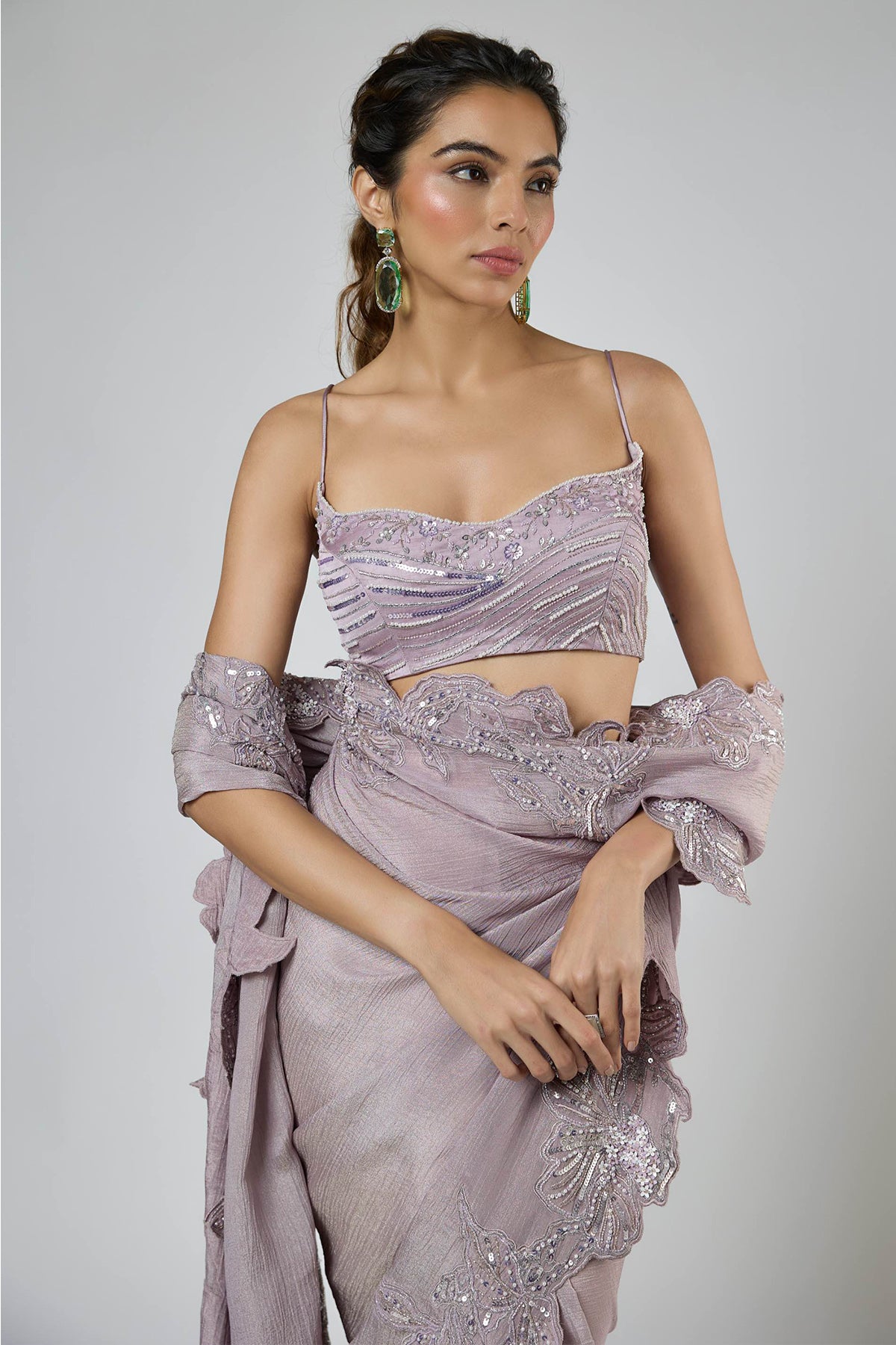 Lilac Floral Cutwork Saree Set