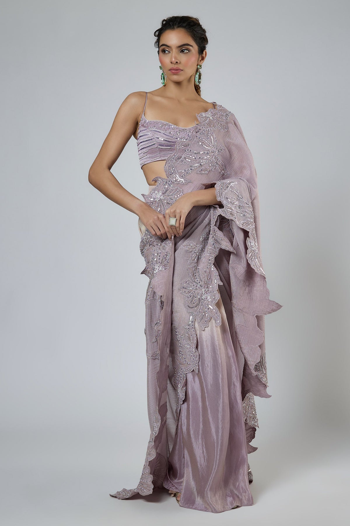 Lilac Floral Cutwork Saree Set