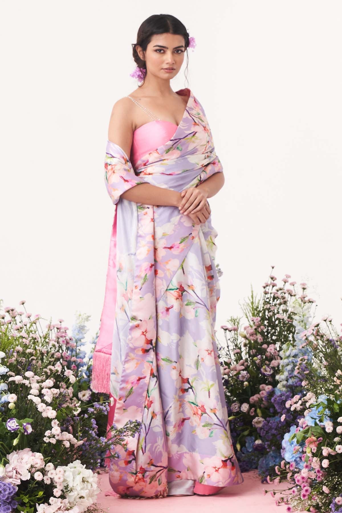 Seharre Lilac Floral Saree And Blouse for women online at ScrollnShops